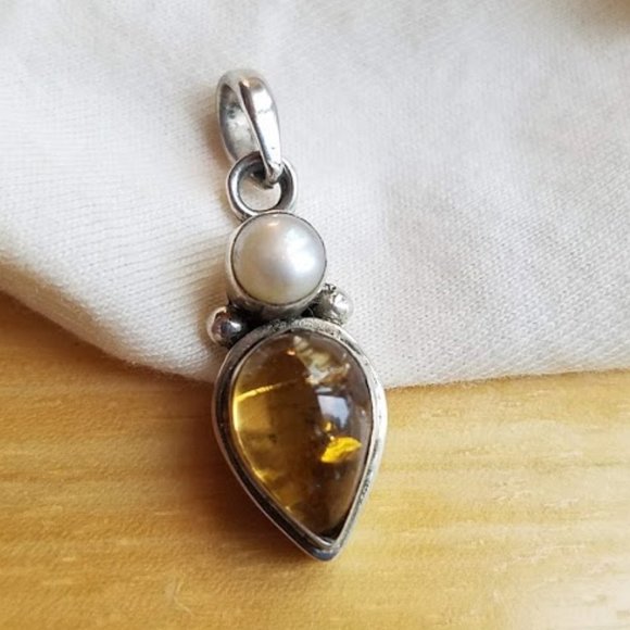 Amber Pearl Sterling Silver Pendant Fossil Tree Heal Forest Ocean Gift Holiday - Picture 6 of 7